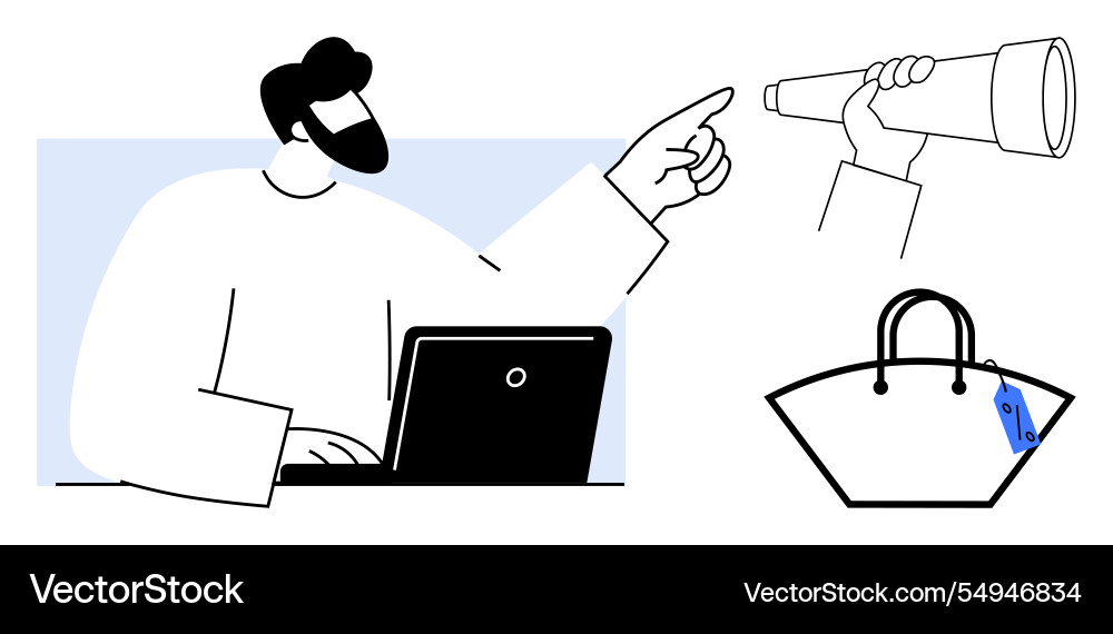 Man pointing while using laptop hand holding Man pointing while using laptop hand holding vector image