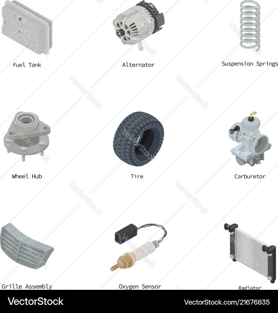 Engine component icons set isometric style Engine component icons set isometric style vector image