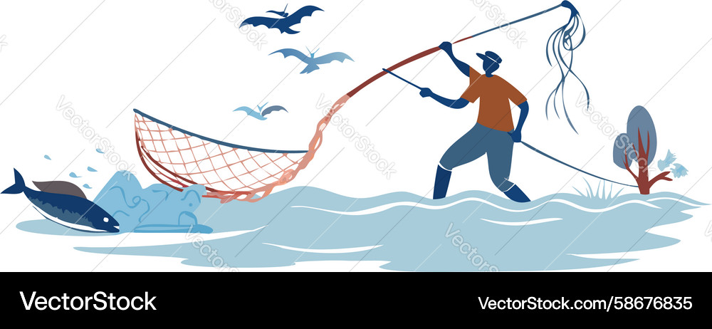 Fisherman Casting Net Vector Image