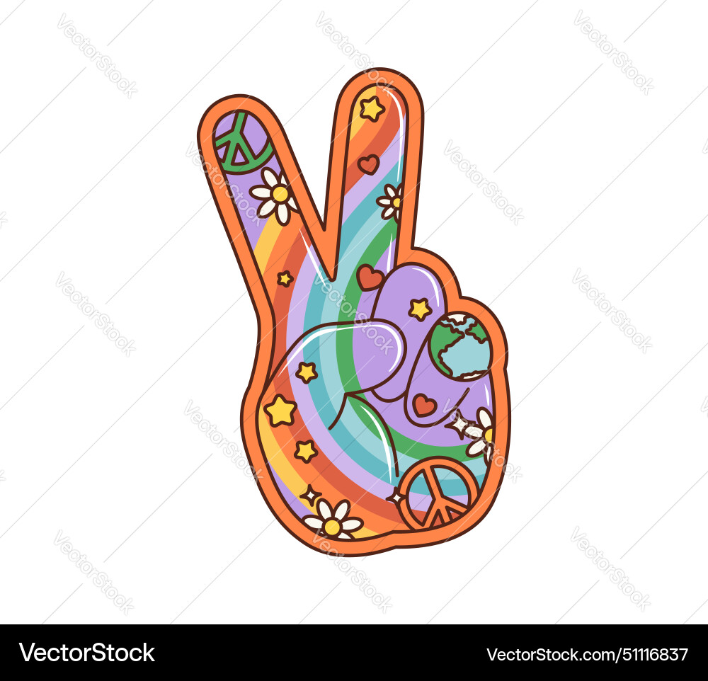 Cartoon retro groovy victory sign peace gesture Cartoon retro groovy victory sign peace gesture vector image