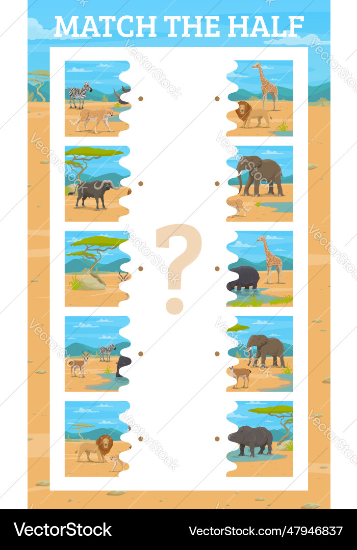 Match half of cartoon african savannah animals Match half of cartoon african savannah animals vector image