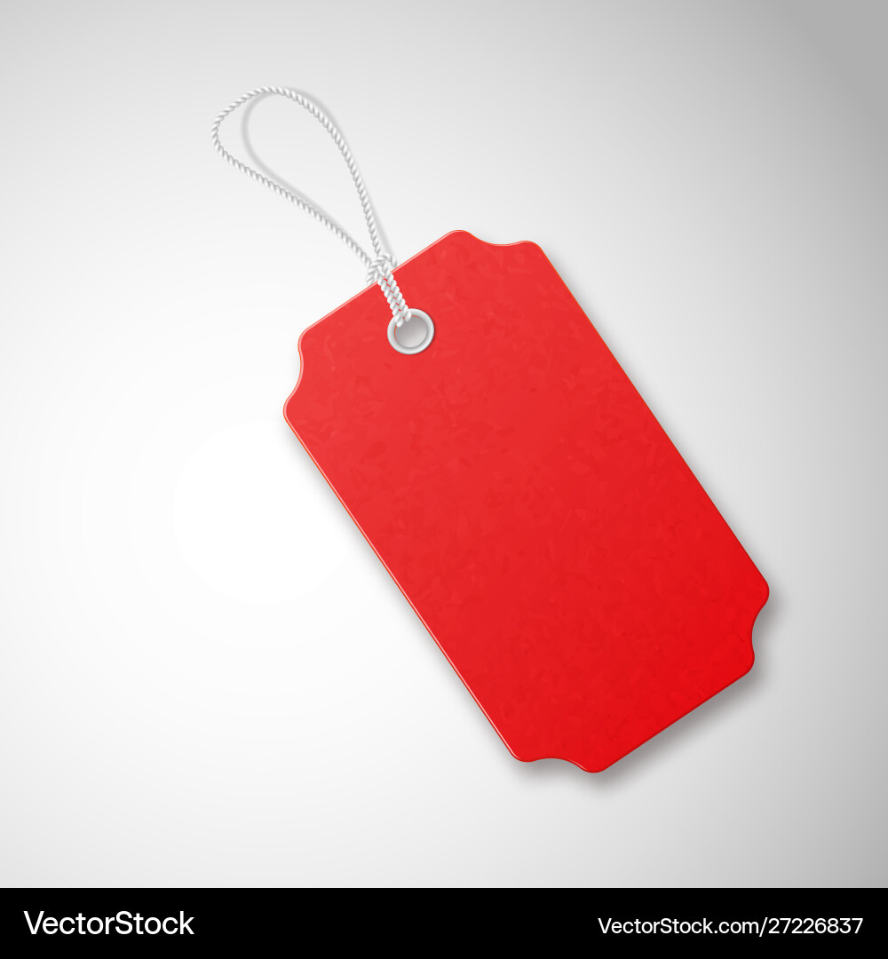 Red realistic textured sell tag with rope Red realistic textured sell tag with rope Vector Image
