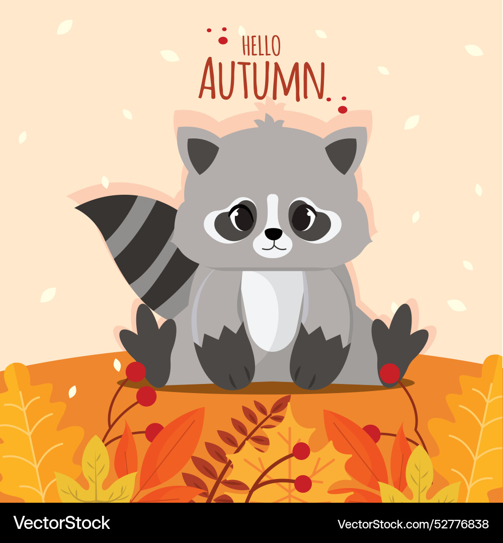 Cute racoon with autumn leaves and text hello Vector Image
