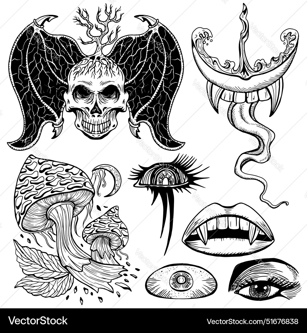 Design set with line art hand drawn mystic objects Design set with line art hand drawn mystic objects vector image