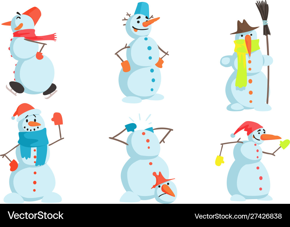 Funny snowmen set winter christmas character Funny snowmen set winter christmas character vector image