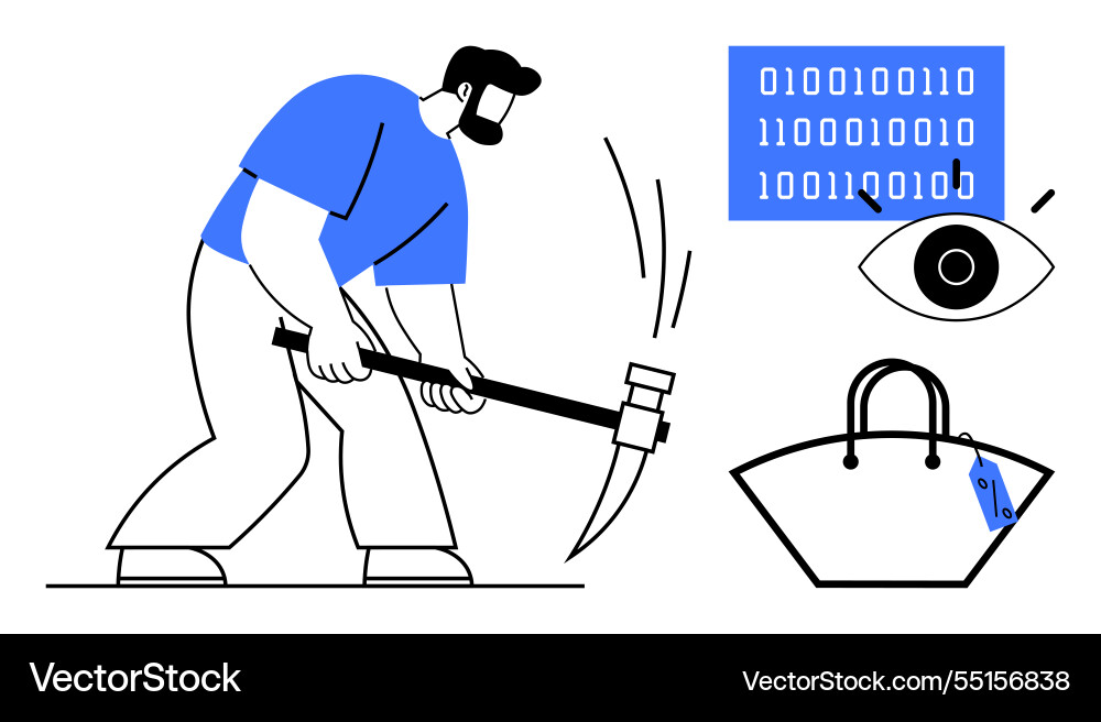 Miner extracting data with binary code eye Miner extracting data with binary code eye vector image