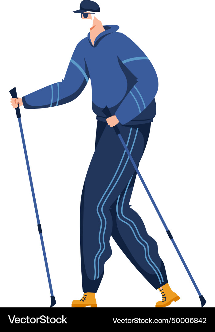 Man in blue tracksuit using nordic walking sticks Vector Image
