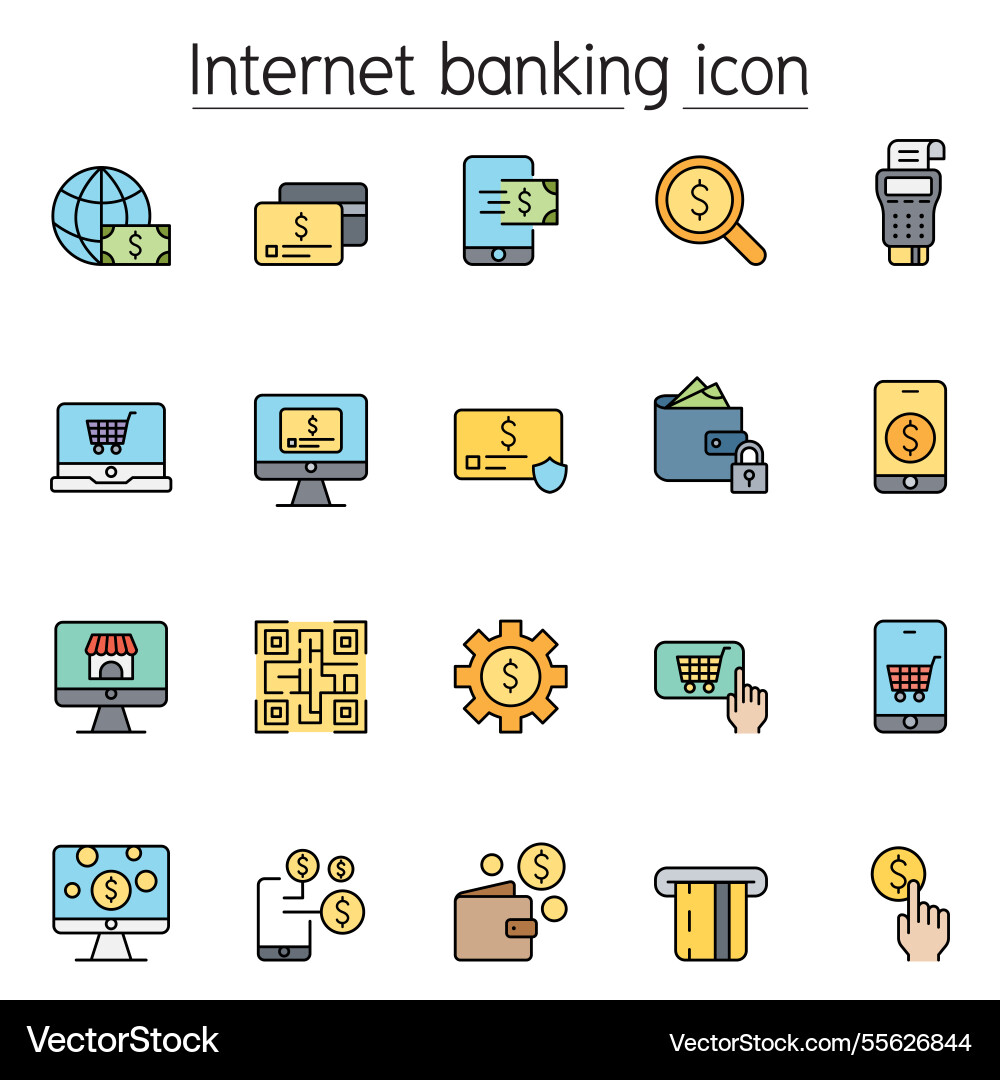 Internet banking icon set in color line style Internet banking icon set in color line style vector image