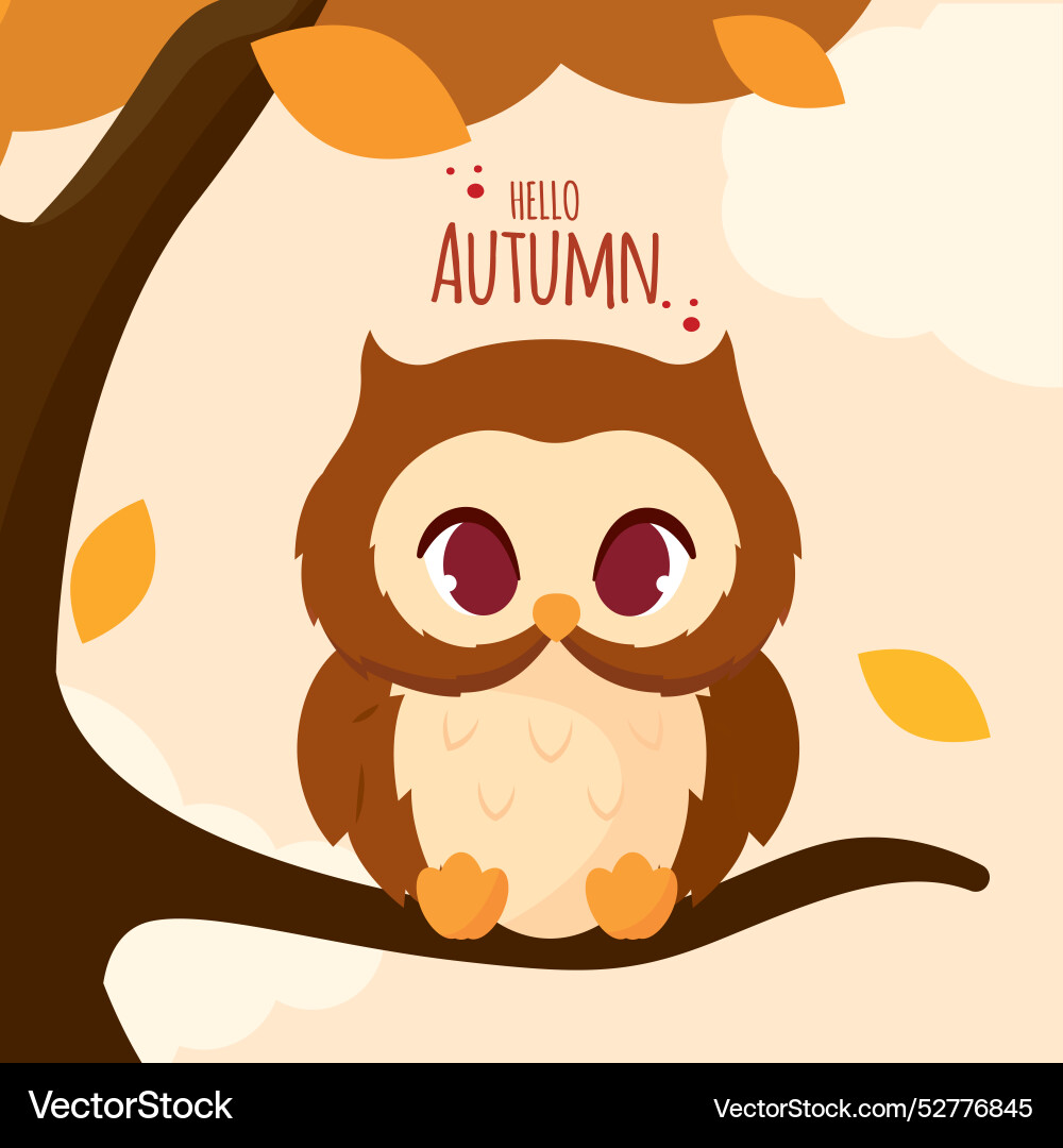 Cute autumn owl on tree with hello text Vector Image