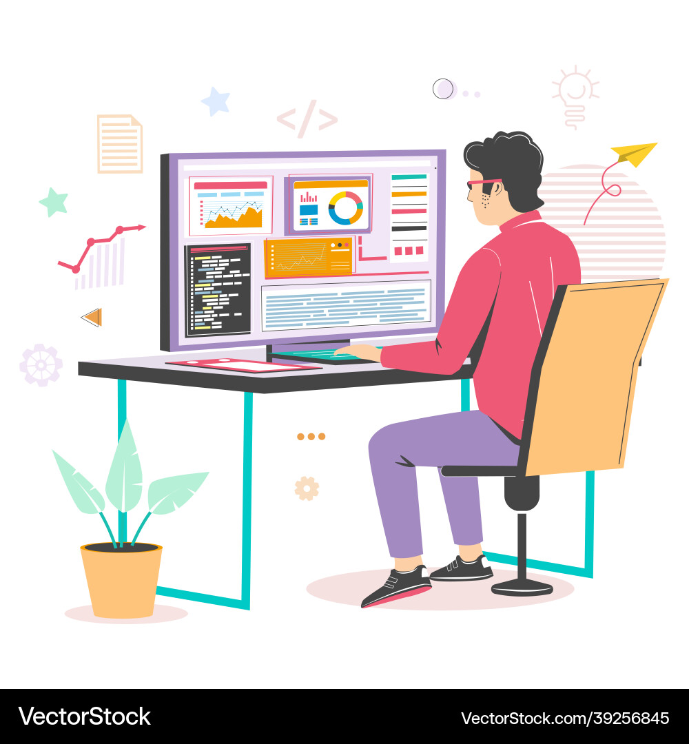 Software Developer Working on Computer Vector Image