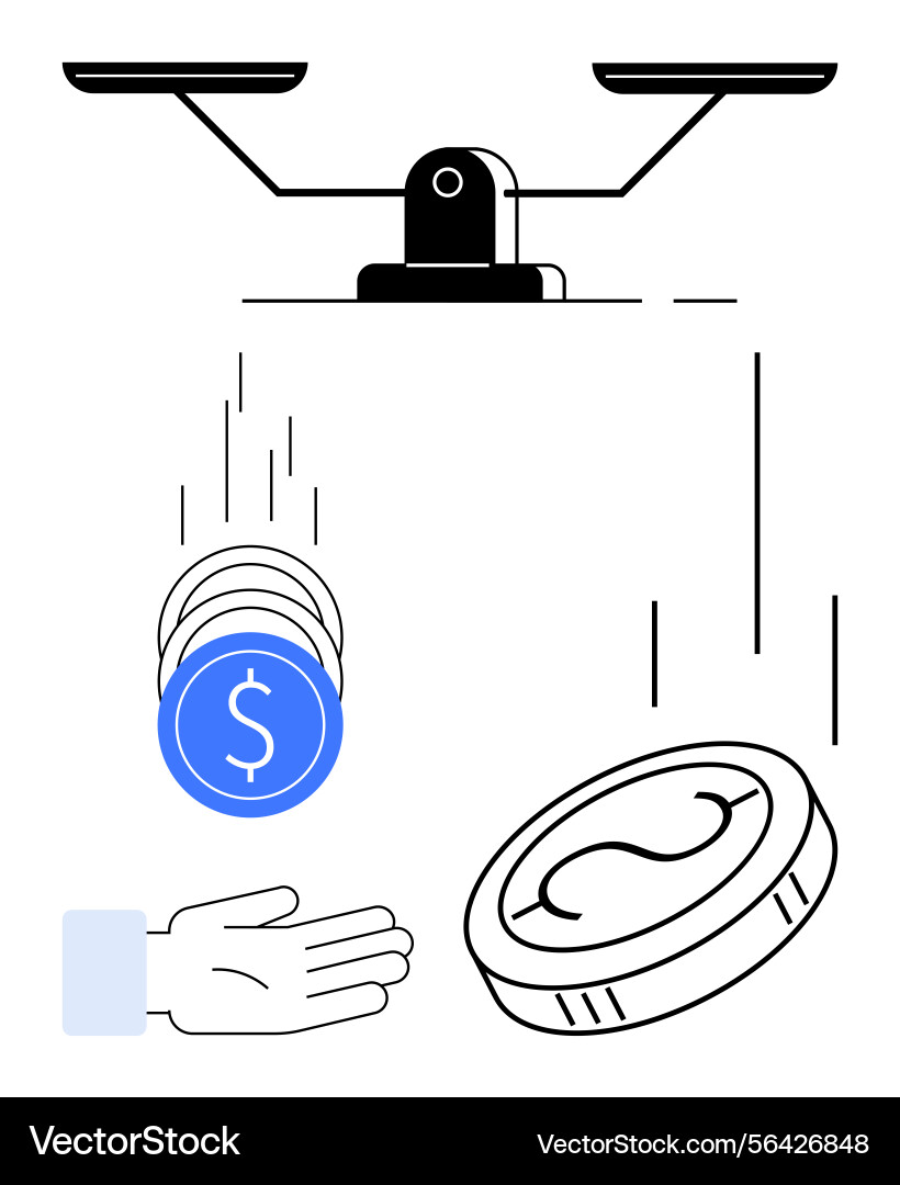 Balancing scale with falling coins representing Balancing scale with falling coins representing Vector Image