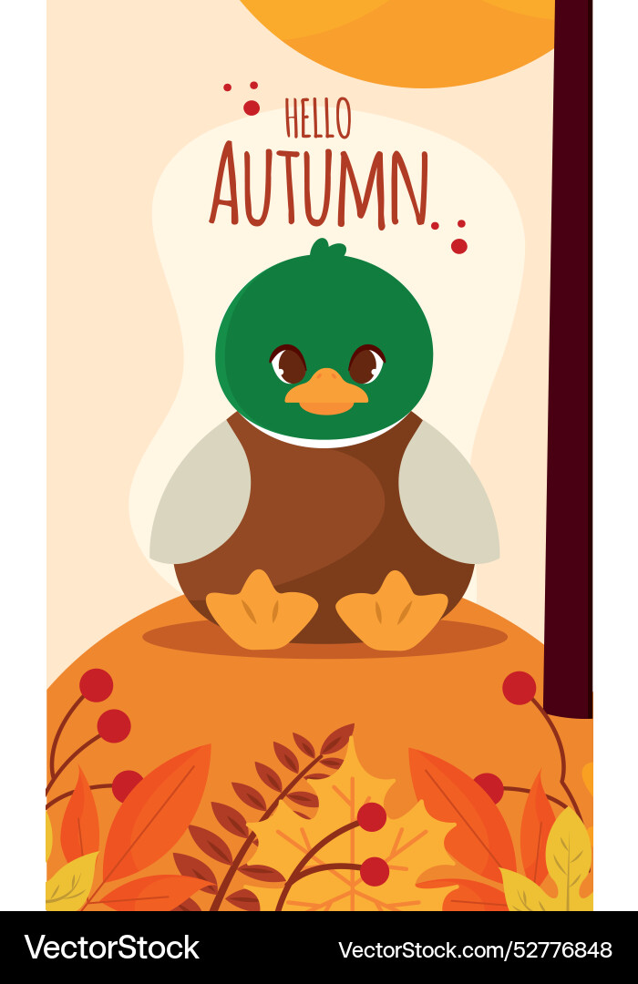 Cute duck with autumn leaves and text hello Vector Image