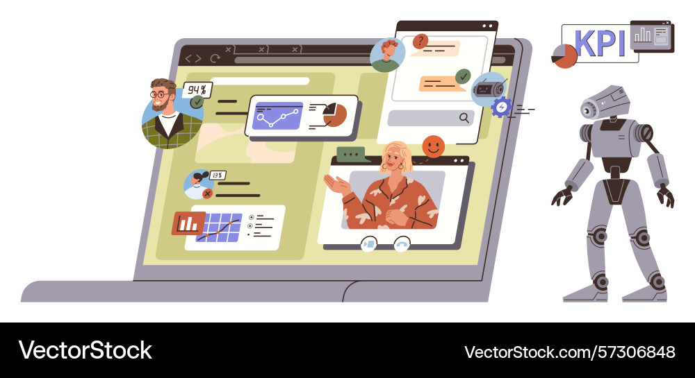 Digital team collaboration with ai robot analyzing vector image