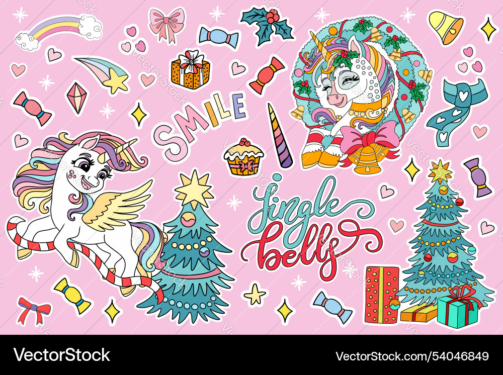 Christmas collection with unicorn stickers Christmas collection with unicorn stickers vector image