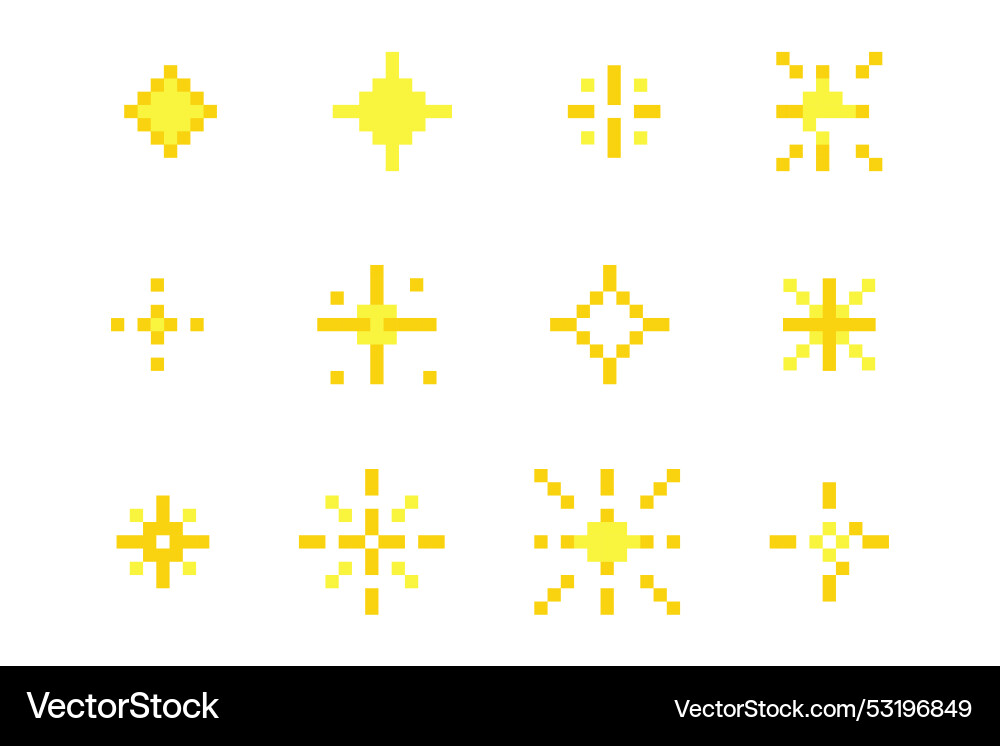 Pixel star retro 8 bit sparkle set shiny game Pixel star retro 8 bit sparkle set shiny game vector image