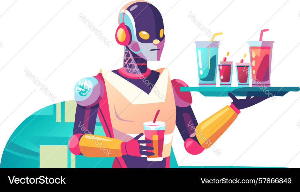 Robot waiter with drink tray design generative ai Vector Image