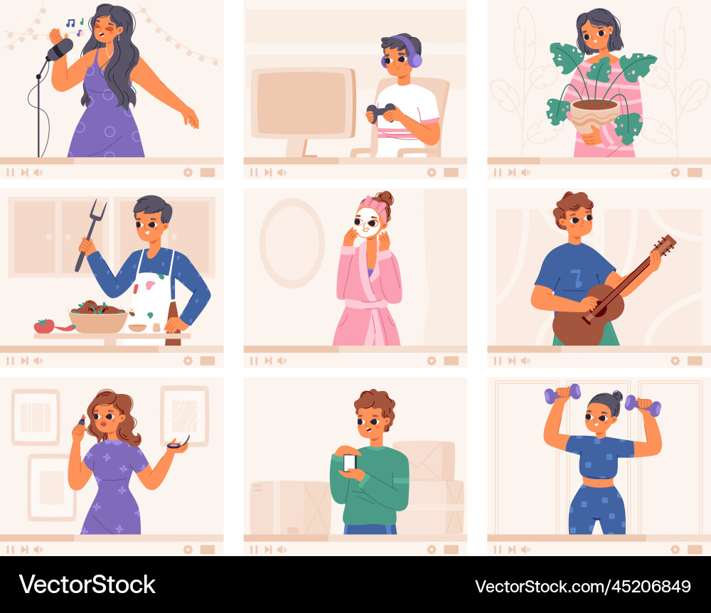 Teens online streaming on screen young blogger Teens online streaming on screen young blogger vector image