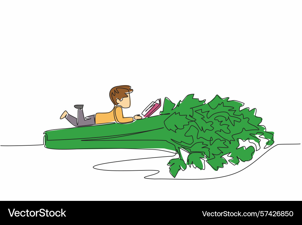 Continuous one line drawing boy reading on celery Continuous one line drawing boy reading on celery Vector Image