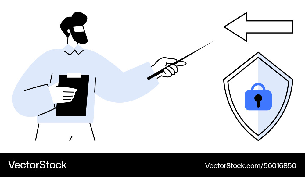 Man pointing to security shield with lock symbol Man pointing to security shield with lock symbol vector image