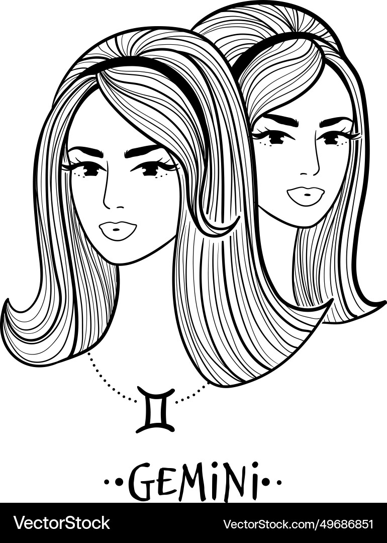 Gemini zodiac sign line art female face portrait Gemini zodiac sign line art female face portrait vector image