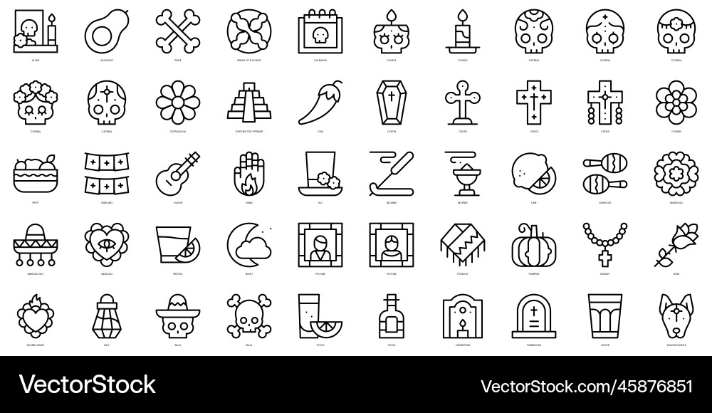 Set of thin line dia de muertos icons vector image