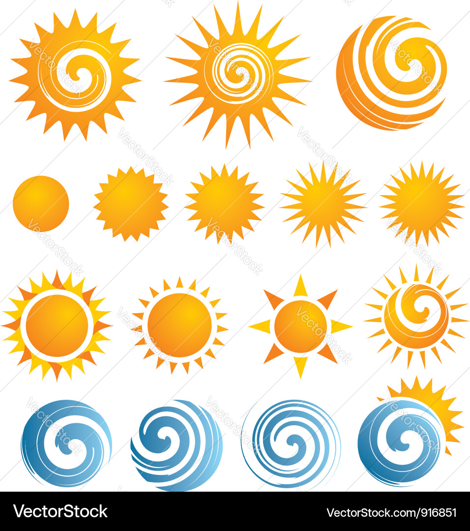 Sun Icon Set - Bright Rays & Swirls vector image