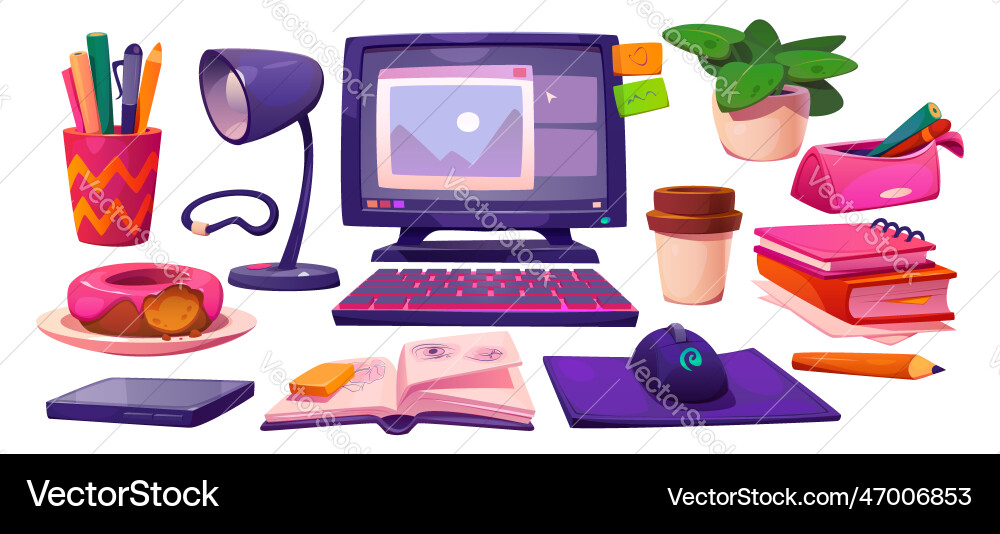 Home office window computer workspace set design Home office window computer workspace set design vector image