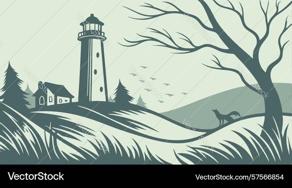 Coastal lighthouse with bare trees at dawn design Vector Image