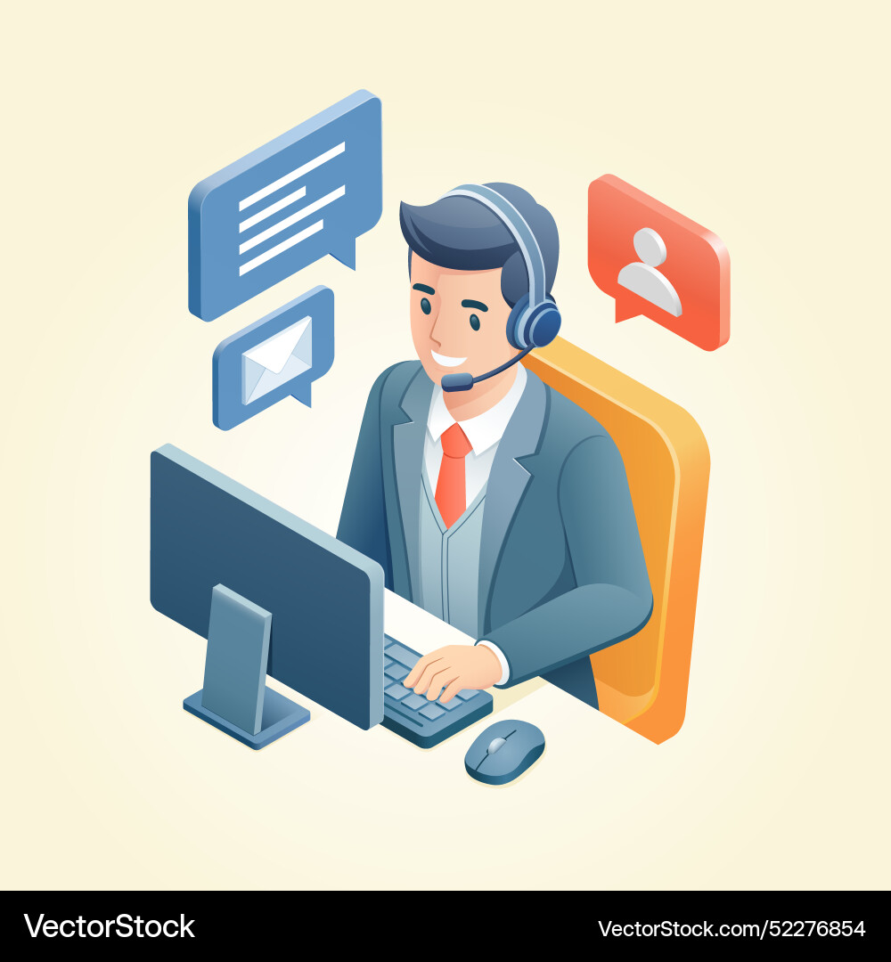 Man customer support operator isometric Man customer support operator isometric vector image