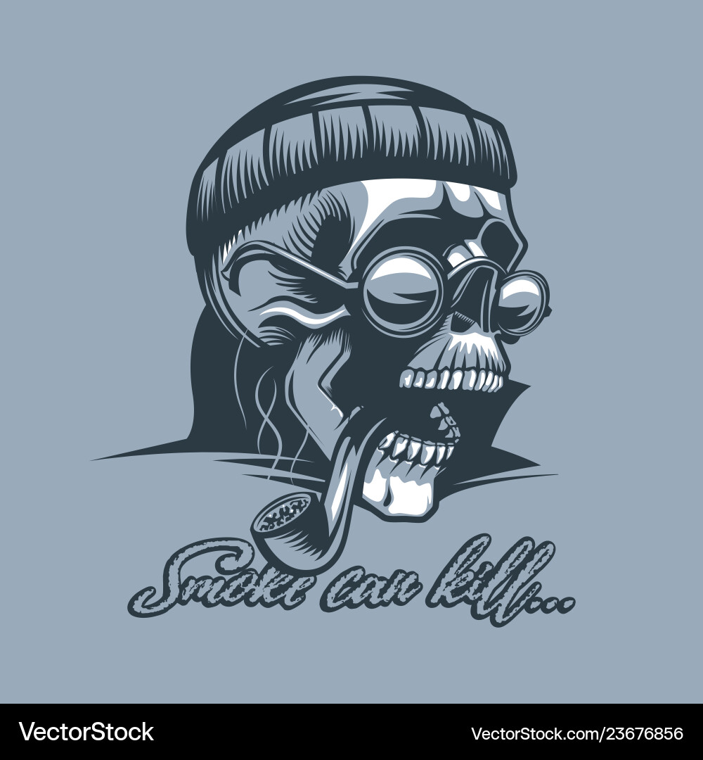 Skull in a cap with pipe and glasses text vector image