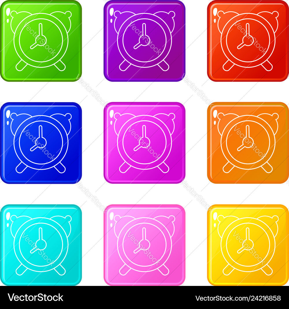 Alarm clock icons set 9 color collection Alarm clock icons set 9 color collection vector image