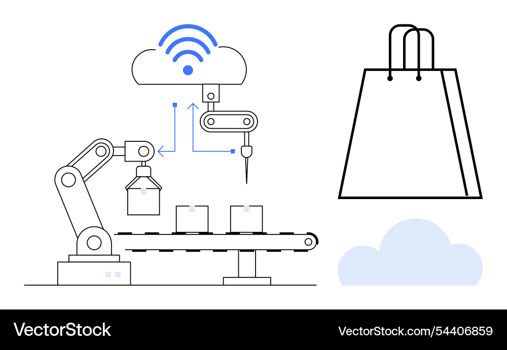 Automated robotic arm packing boxes on conveyor Automated robotic arm packing boxes on conveyor Vector Image