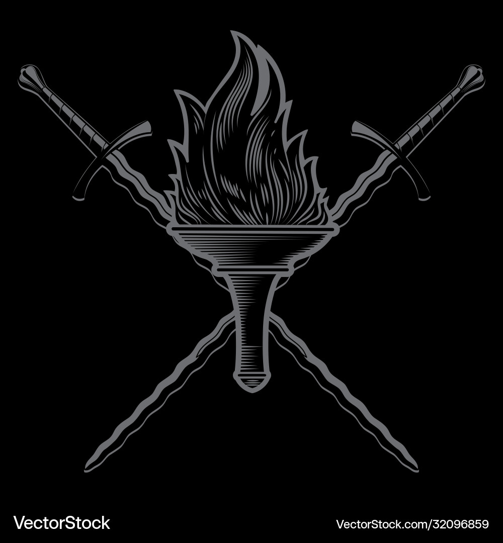 Knightly design flaming torch and two crossed vector image