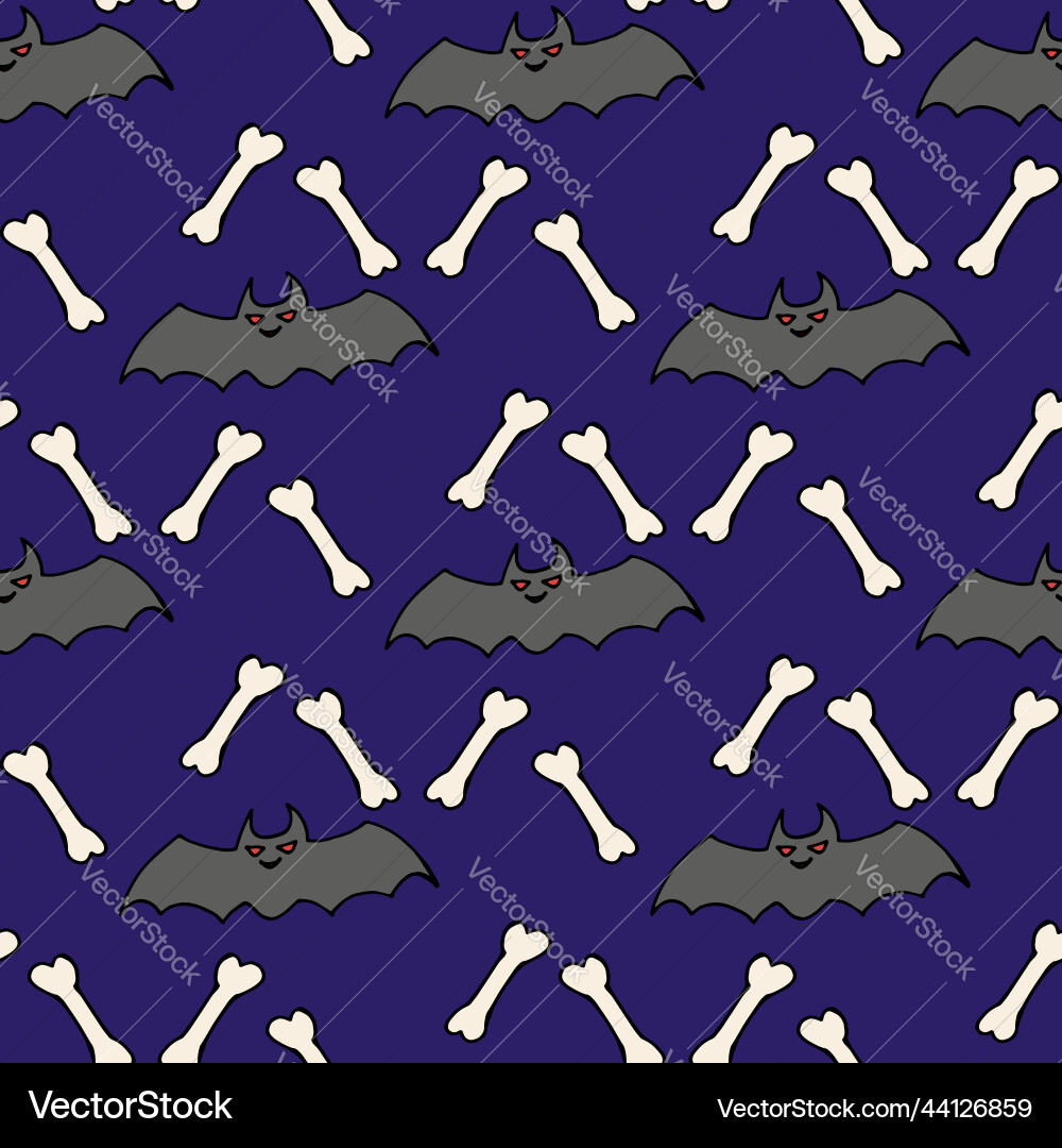 Seamless pattern with bat and bones on violet Seamless pattern with bat and bones on violet vector image