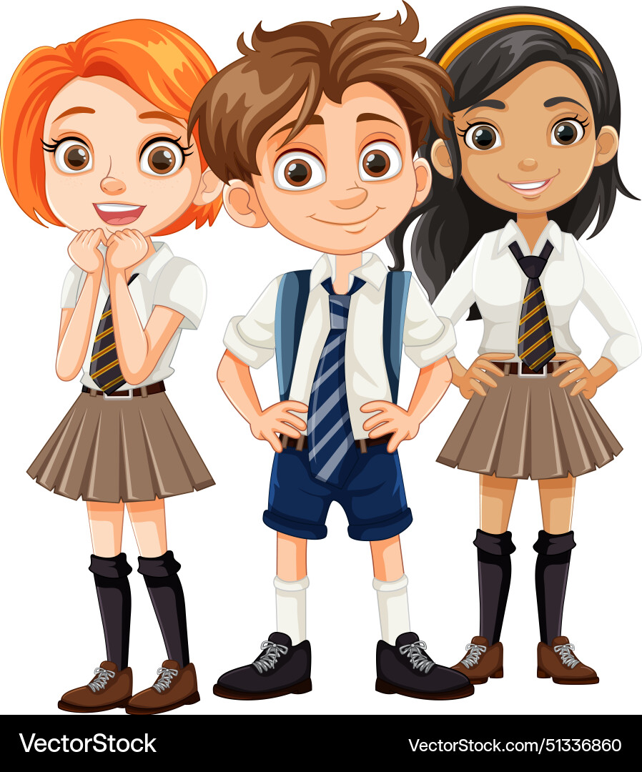 Three students in school uniforms smiling Vector Image