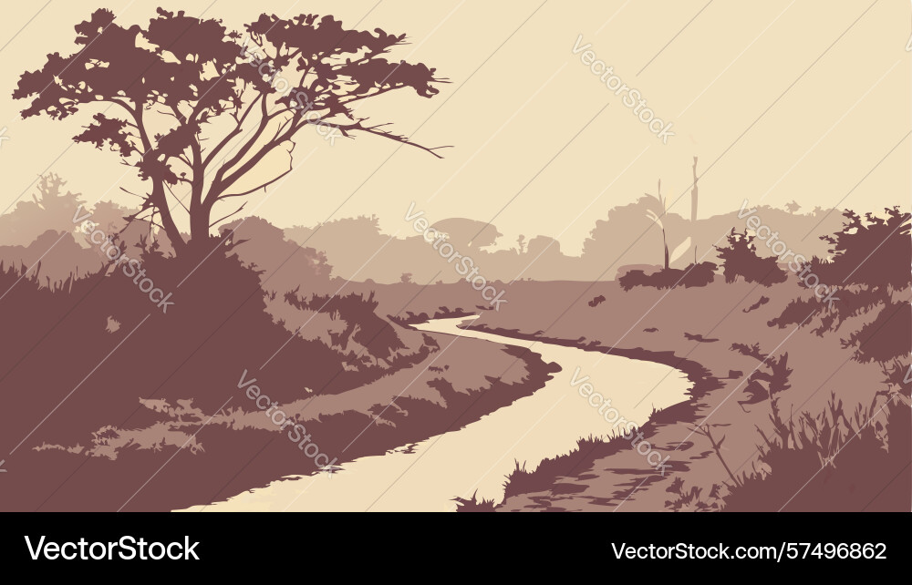 Tranquil winding path through open fields under vector image