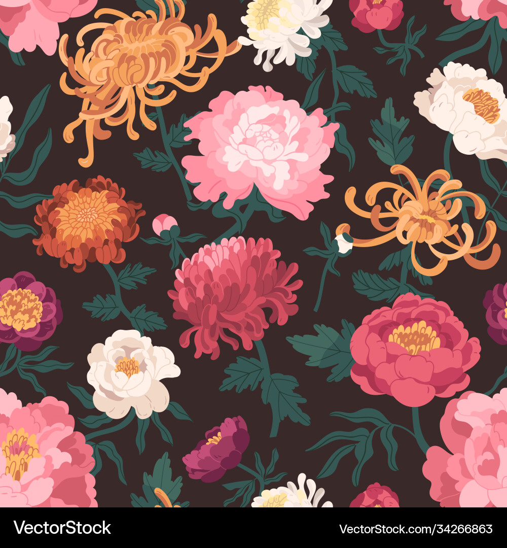 Floral Seamless Pattern - Chrysanthemums & Peonies vector image