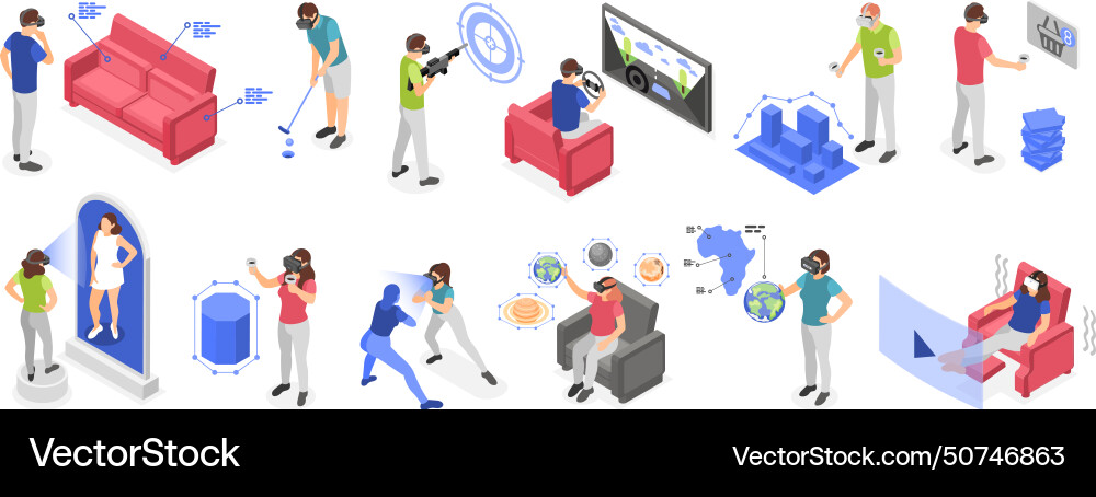 Isometric virtual reality simulators people using Isometric virtual reality simulators people using vector image
