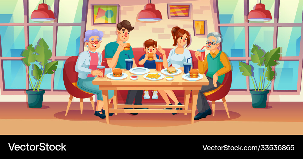 Happy family having dinner at fast food restaurant Happy family having dinner at fast food restaurant vector image