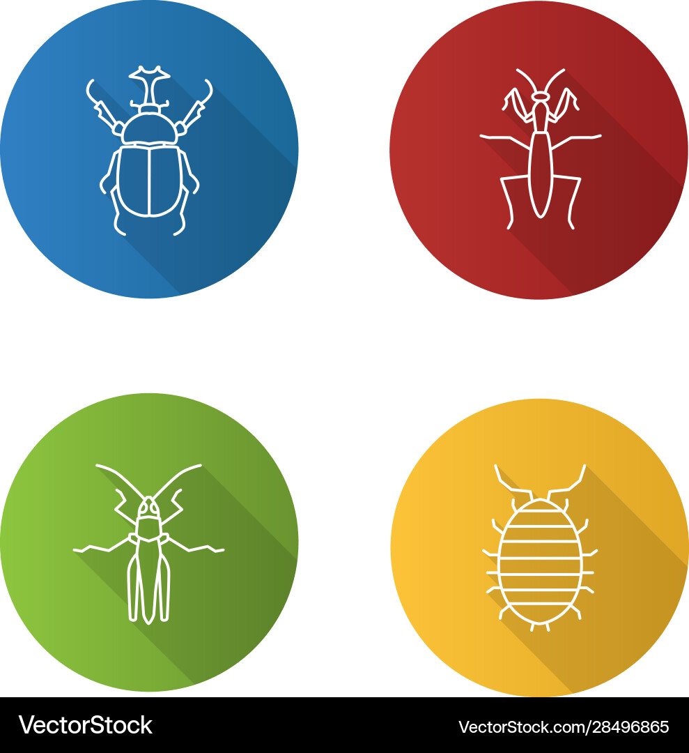 Insects flat linear long shadow icons set vector image