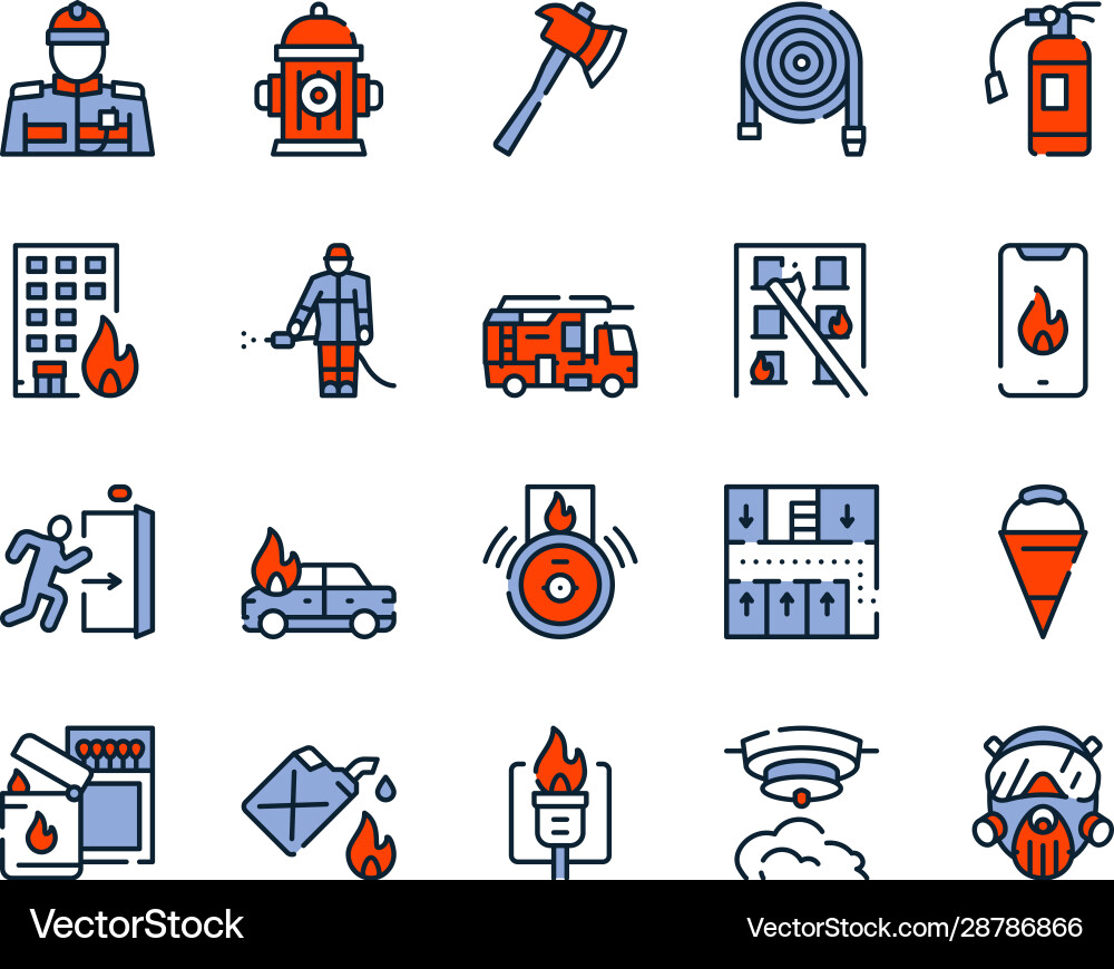 Firefighting red linear icons set Firefighting red linear icons set vector image