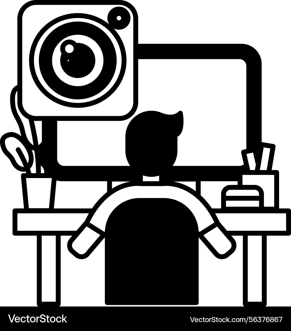 Man is sitting at a desk with computer monitor vector image