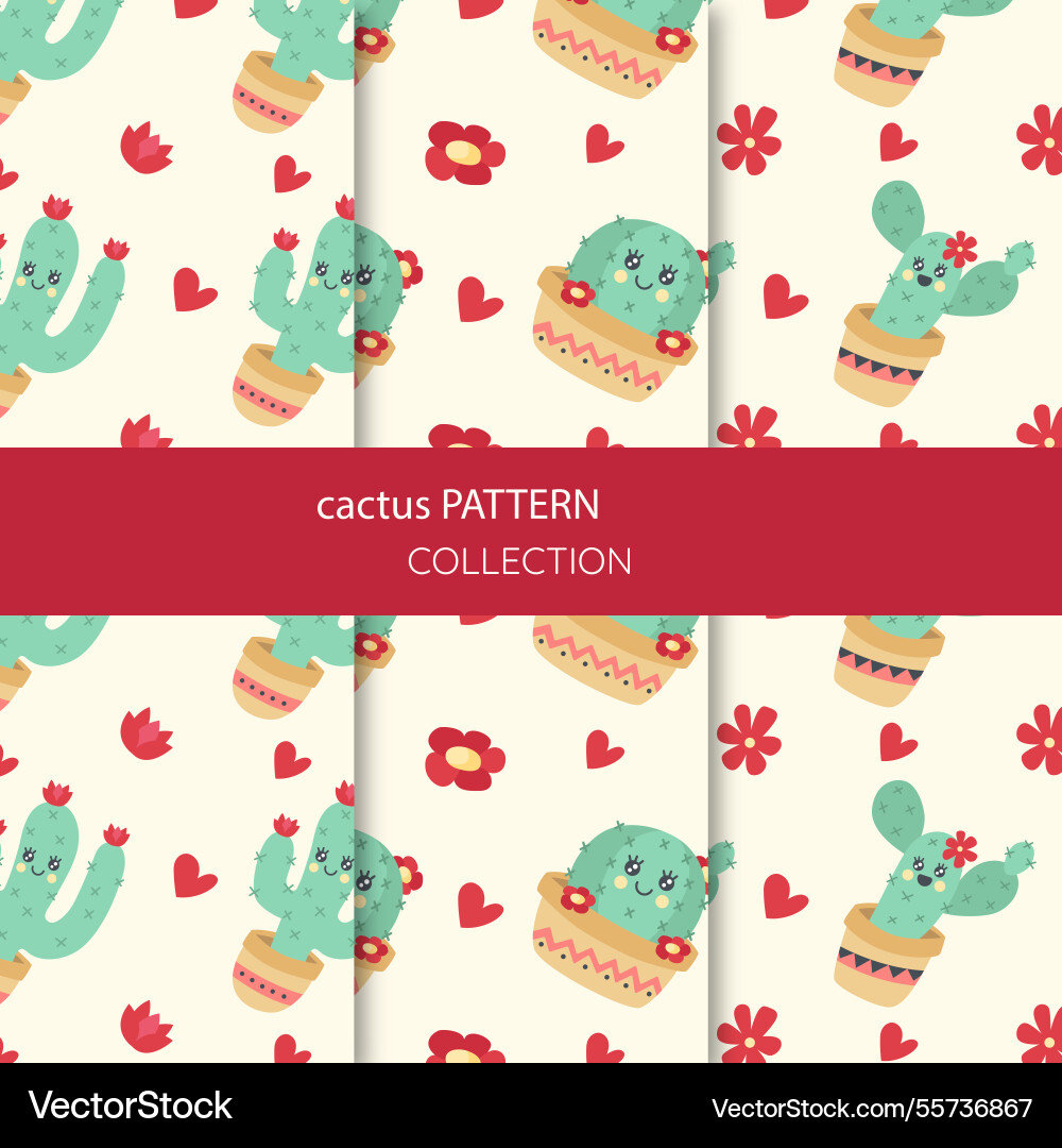 Set of patterns with lovely cacti Vector Image