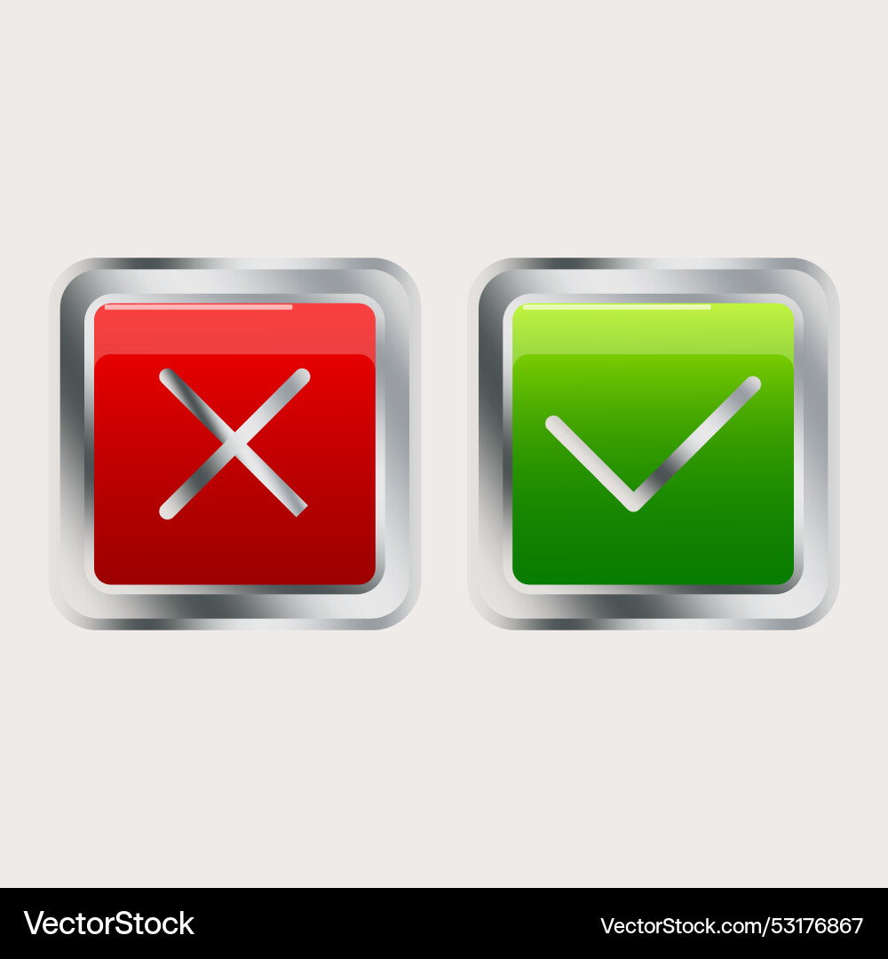 Three-dimensional buttons cross tick realistic Three-dimensional buttons cross tick realistic vector image