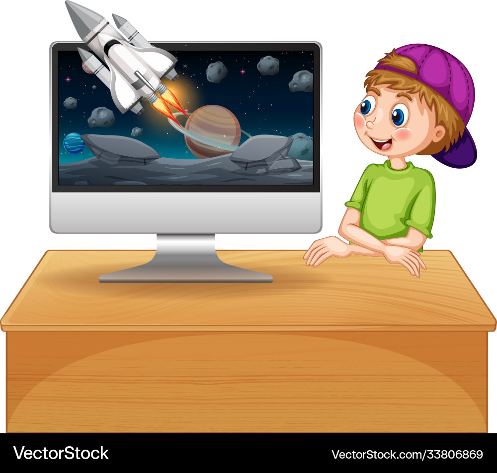Boy next to computer with space background Vector Image