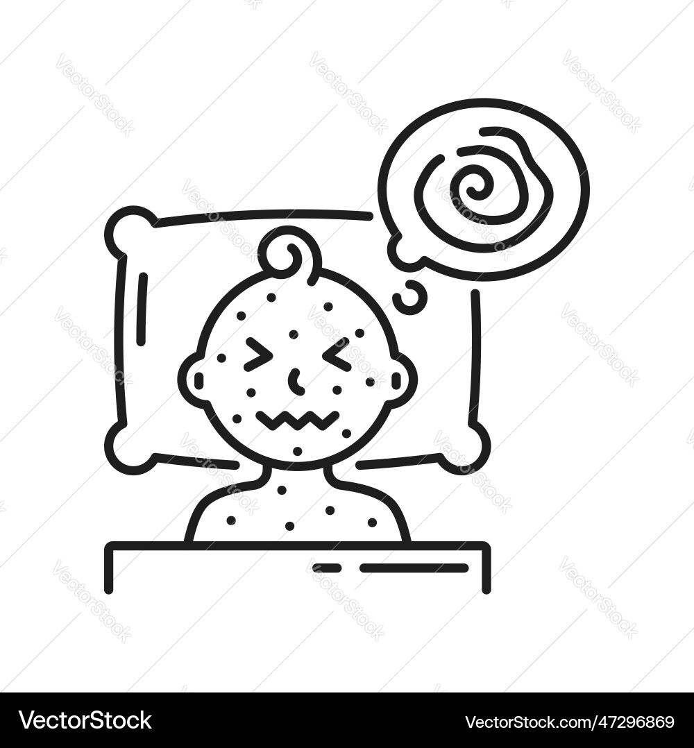 krankes Kind im Bett liegend mit Hühnerpocken Umriss Krankes Kind im Bett liegend mit Hühnerpocken Umriss vektorbild
