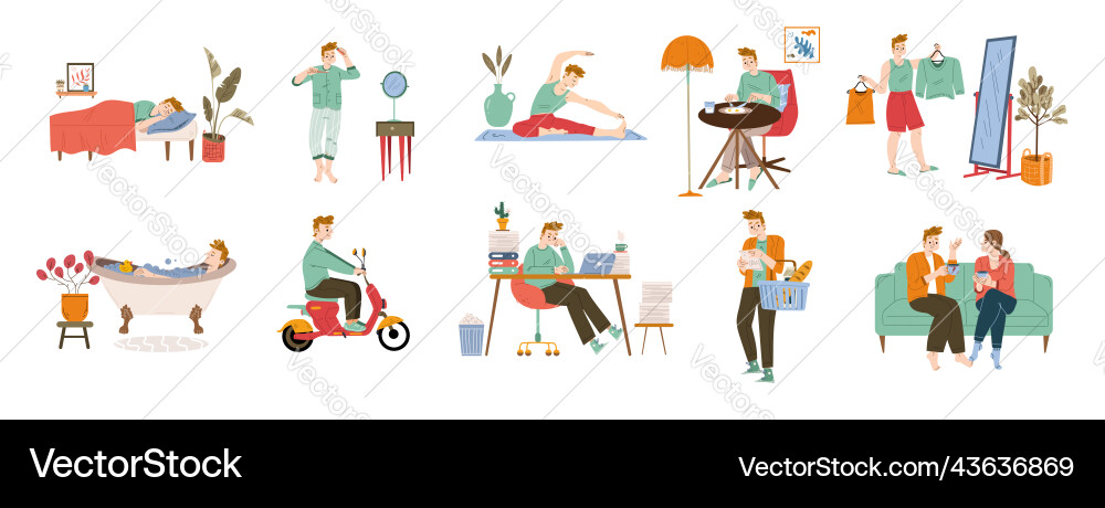 Man daily routine life cycle schedule habits set Man daily routine life cycle schedule habits set vector image