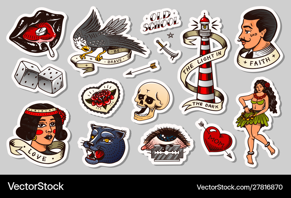 Old school tattoo stickers set hawaiian hula Old school tattoo stickers set hawaiian hula vector image