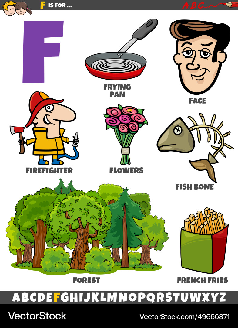 Letter f set with cartoon objects and characters Letter f set with cartoon objects and characters vector image