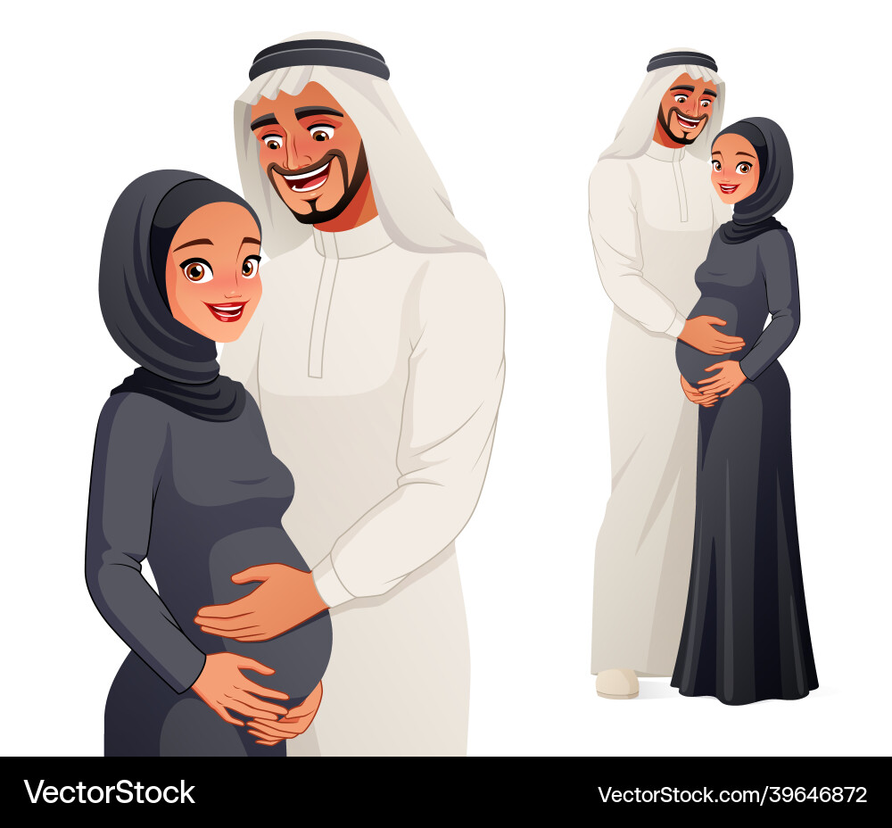Happy arab man holding belly of his pregnant wife Happy arab man holding belly of his pregnant wife vector image